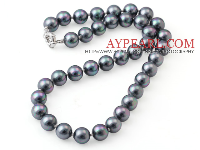 Popular 10mm Round Black Seashell Beads Hand-Knotted Strand Necklace With Moonight Clasp
