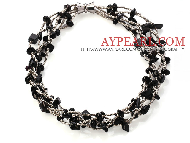 Nice Multi Twisted Strands Black Agate Sandstone And Manmade Gray Crystal Necklace With Magnetic Clasp