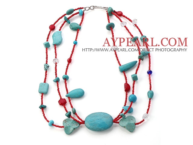 Nice Πολλαπλών Σκέλη Μικτή Red Coral και μπλε κρύσταλλο Turquoise κολάρο κολιέ