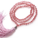 Einfache lange Art- Runde Kirschquarz- Perlen Halskette mit Buddha-Kopf und Rosa Tassel ( kann auch als Armband zu sein )