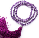 Simple Long Style Round Amethyst Beads Necklace with Buddha Head and Purple Tassel(can also be as bracelet)