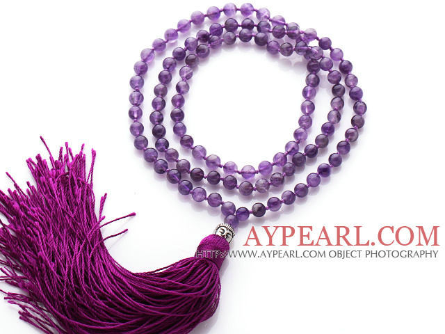 Einfache lange Art- Runde Amethyst Perlen Halskette mit Buddha-Kopf und lila Tassel ( kann auch als Armband zu sein )