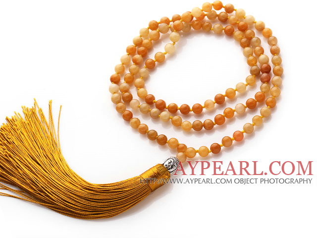 Simple Long Style Round Topaz Beads Necklace with Buddha Head and Yellow Tassel(can also be as bracelet)
