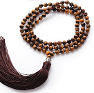 Simple Long Style Round Tiger Eye Beads Necklace with Buddha Head and Brown Tassel(can also be as bracelet)