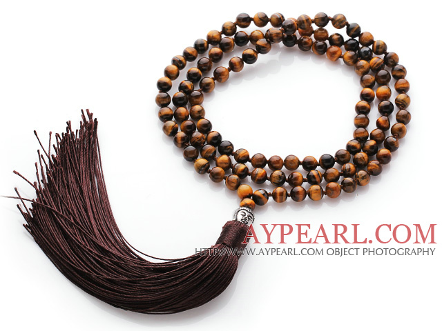Simple Long Style Round Tiger Eye Beads Necklace with Buddha Head and Brown Tassel(can also be as bracelet)