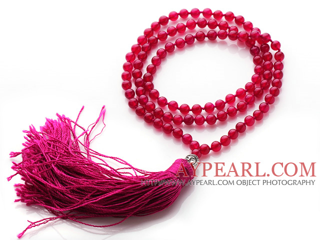 Simple style long ronde Rose Agate Rouge collier de perles avec Tête de Bouddha et Rose Tassel ( peut être aussi bracelet )