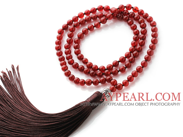 Simple Long Style Round Carnelian Beads Necklace with Buddha Head and Brown Tassel(can also be as bracelet)