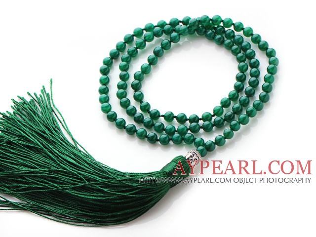 Simple Long Style Round Green Agate Beads Necklace with Buddha Head and Green Tassel(can also be as bracelet)