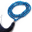 Simple Long Style Round Blue Agate Beads Necklace with Buddha Head and Blue Tassel(can also be as bracelet)