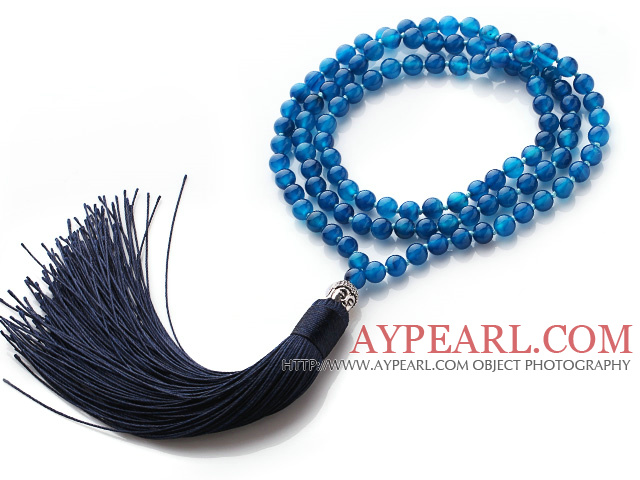 Simple Long Style Round Blue Agate Beads Necklace with Buddha Head and Blue Tassel(can also be as bracelet)