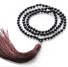 Simple Long Style Round Black Agate Beads Necklace with Buddha Head and Brown Tassel(can also be as bracelet)