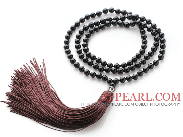 Einfache lange Art schwarz Achat Perlen Halskette mit Buddha-Kopf -und Brown- Tassel ( kann auch als Armband zu sein )