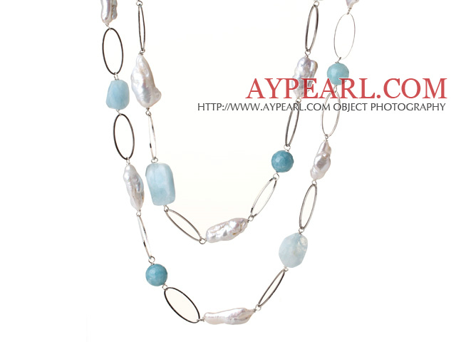 Beautiful Long Style Irregular Shape White Pearl and Natural Aquamarine Necklace
