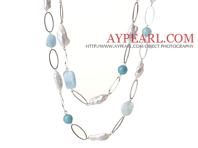 Kaunis Pitkä Style muodoltaan epäsäännöllisiä White Pearl ja Natural Aquamarine kaulakoru