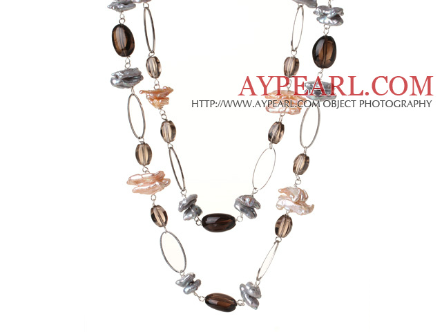 Long Style Special Design Multi Color Biwa Pearl and Smoky Quartz Necklace