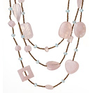 Nice Long Style Irregular Shape Rose Quartz and Crystal Beads Necklace (Random Shape for Rose Quartz)