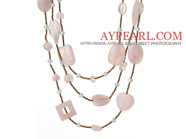 Nice Long Style Irregular Shape Rose Quartz and Crystal Beads Necklace (Random Shape for Rose Quartz)