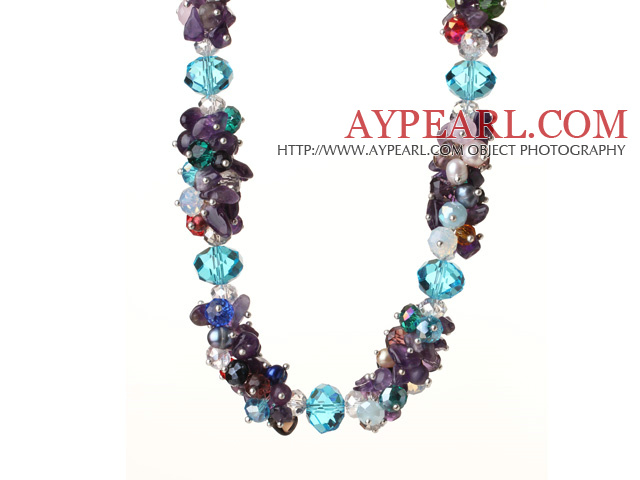 Newly Beautiful Cluster Style Amethyst and Multi Color Crystal Beads Necklace with Moonight Clasp