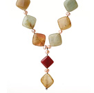 Wholesale Special Design Y Shape Rhombus Shape Three Colored Jade and Pink Pearl Necklace