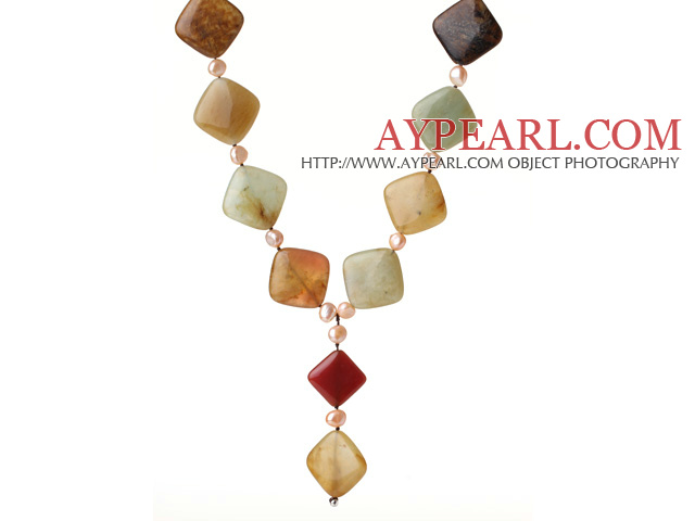 Special Design Y Shape Rhombus Shape Three Colored Jade and Pink Pearl Necklace