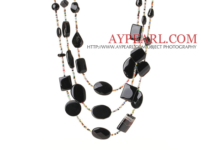 Vackra Cool Trelager oregelbunden form svart agat och Multi Color Crystal pärlor halsbandet (Random Shape för Agate)