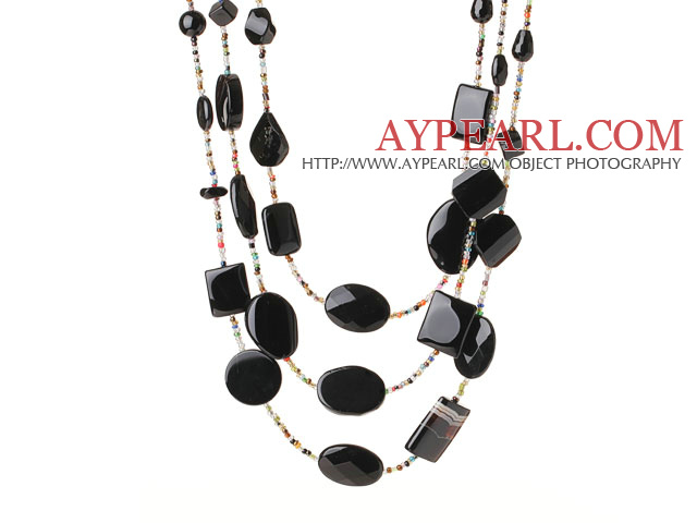 Frumos cool Trei Layer formă neregulată Negru Agate și Crystal Multi Color margele colier (formă aleatorie pentru Agate)