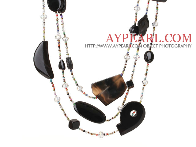 Beautiful Long Style Cool Irregular Shape Black Agate and Multi Color Crystal Beads Necklace (Random Shape for Agate)