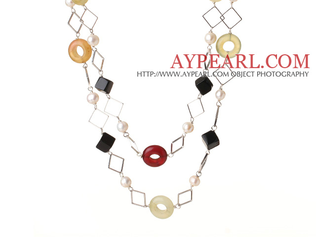 Schöne lange Art White Pearl Rhombus Form, Schwarz, Achat und Jade Drei Farbige Halskette