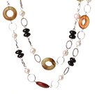 Belle style long blanc perle agate noire et collier coloré Trois Jade