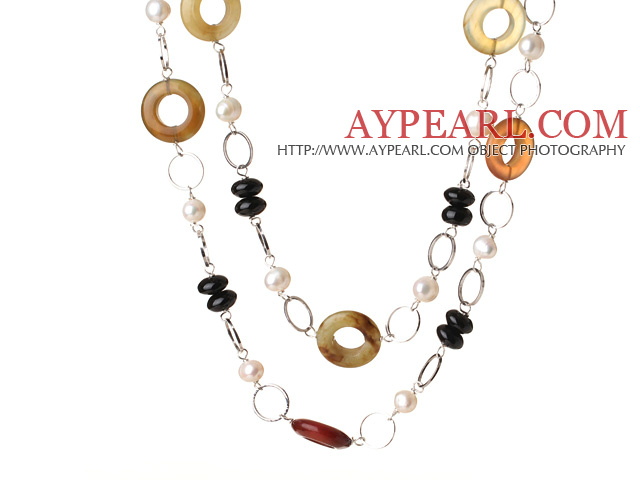 Beautiful Long Style White Pearl Black Agate and Three Colored Jade Necklace