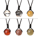 6 Pcs Simple Summer Design Multi Stone Round Beads Pendant Necklace with Adjustable Hand-Knitted Thread (Random Color)