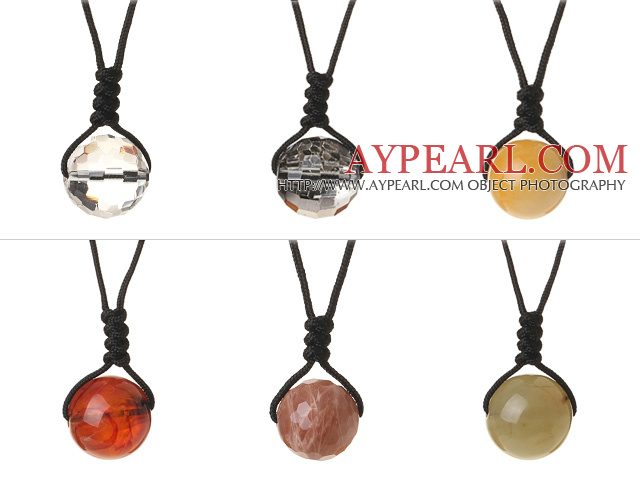 6 Pcs Simple Summer Design Multi Stone Round Beads Pendant Necklace with Adjustable Hand-Knitted Thread (Random Color)