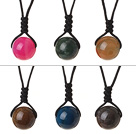 Wholesale 6 Pcs Simple Summer Design Multi Color Round Agate And Tiger Eye Beads Pendant Necklace with Adjustable Hand-Knitted Thread