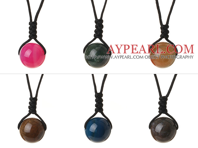 6 Pcs Simple Summer Design Multi Color Round Agate And Tiger Eye Beads Pendant Necklace with Adjustable Hand-Knitted Thread