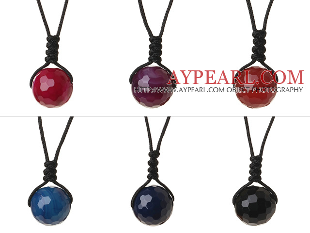 6 Pcs Simple Summer Design Multi Color Faceted Round Agate Beads Pendant Necklace with Adjustable Hand-Knitted Thread