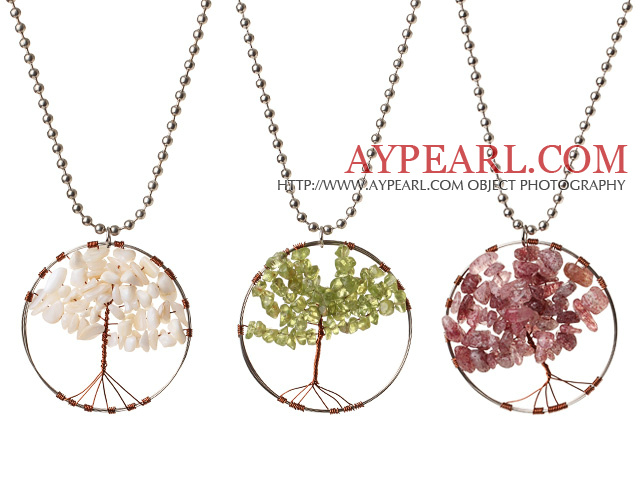 3 Pcs Fashion Large Loop Round Wired Crochet Multi Stone Chips Wishing Tree Pendant Necklace With Alloyed Chain