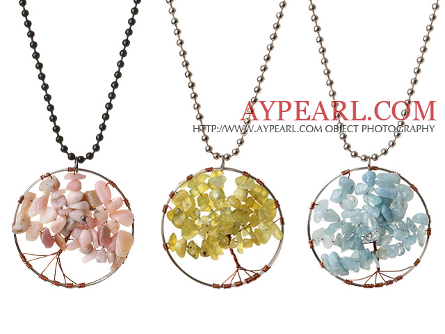 3 Pcs Fashion Wired Crochet Multi Stone Chips Wishing Tree Pendant Necklace With Alloyed Chain