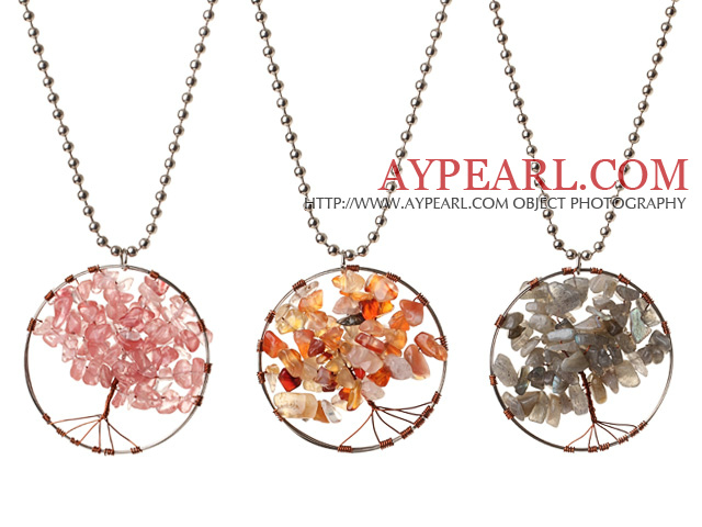 3 Pcs Fashion Large Loop Wired Crochet Multi Color Multi Stone Chips Wishing Tree Pendant Necklace With Alloyed Chain