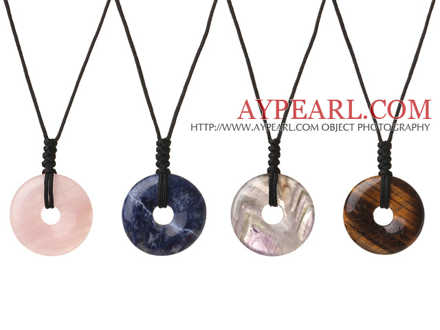 4 stk Simple Fashion Donut Shape Rose Quartz Soda Amethyst Tiger Eye Stone anheng halskjede med justerbar hånd-strikket tråden 