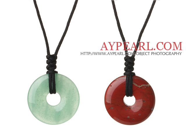 2 Pcs Simple Fashion Donut Shape Aventurine And Red Jasper Pendant Necklace With Adjustable Hand-Knitted Thread