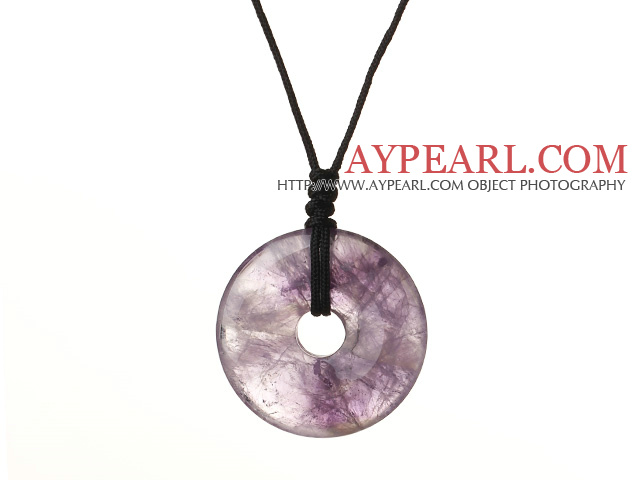 Beautiful Simple Design Donut Shape Amethyst Pendant Necklace With Adjustable Hand-Knitted Thread