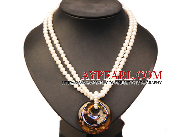 Elegant Pretty Double Strand Natural White Freshwater Pearl Necklace With Big Brown Colored Glaze Pendant