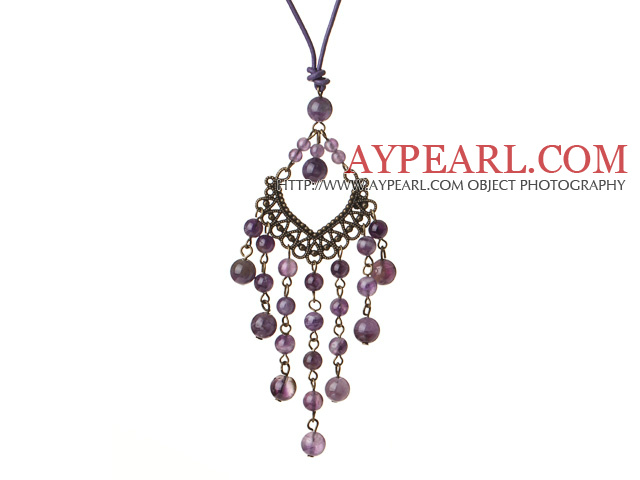 Vintage Style Chandelier Shape Amethyst Pendant Necklace with Purple Leather