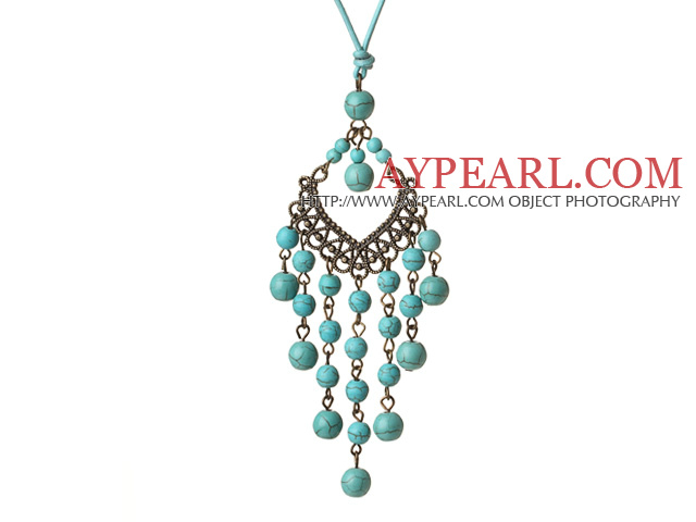 Vintage Style Chandelier Shape Turquoise Beads Pendant Necklace with Blue Leather