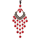 Vintage Style Chandelier Shape Red Coral Beads Pendant Necklace with Brown Leather