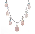 Wholesale 2014 Fashion Style Irregular Shape Rose Quartz and Light Blue Crystal Necklace With White Leather