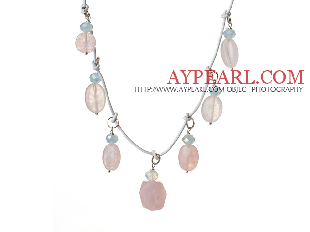 2014 Fashion Style Irregular Shape Rose Quartz and Light Blue Crystal Necklace With White Leather