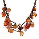 Vintage Stil Multi Strands Natural Agate Og Brown Crystal Brown Leather Necklace 