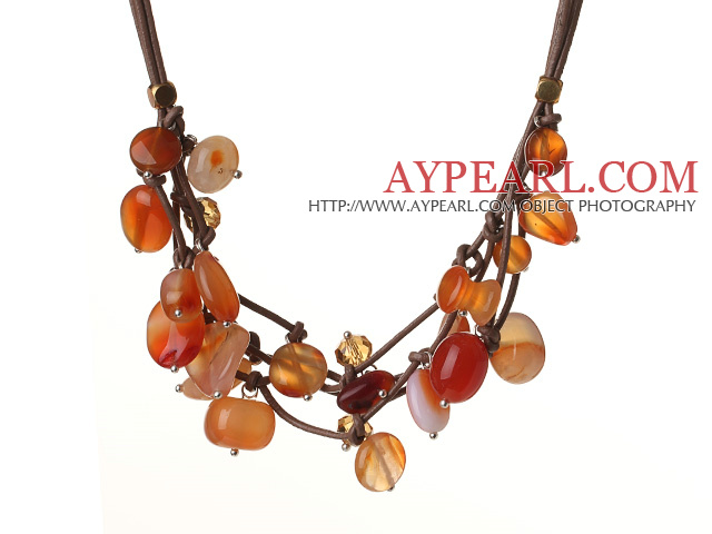 Vintage Stil Multi Strands Natural Agate Og Brown Crystal Brown Leather Necklace 