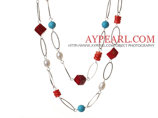 Long Style Double Strand White Pearl Blue Turquoise Red Coral Necklace With Loop Alloyed Chain